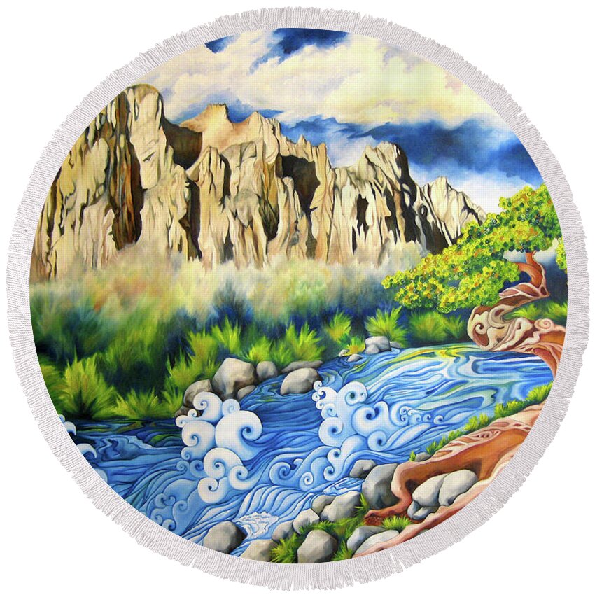 Colorado Round Beach Towel featuring the painting Jenny's Cliffs by Sabrina Motta