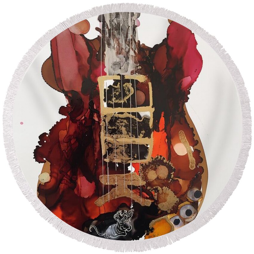 Abstract Round Beach Towel featuring the painting Jerry Garcias Tiger Guitar by Bonny Butler