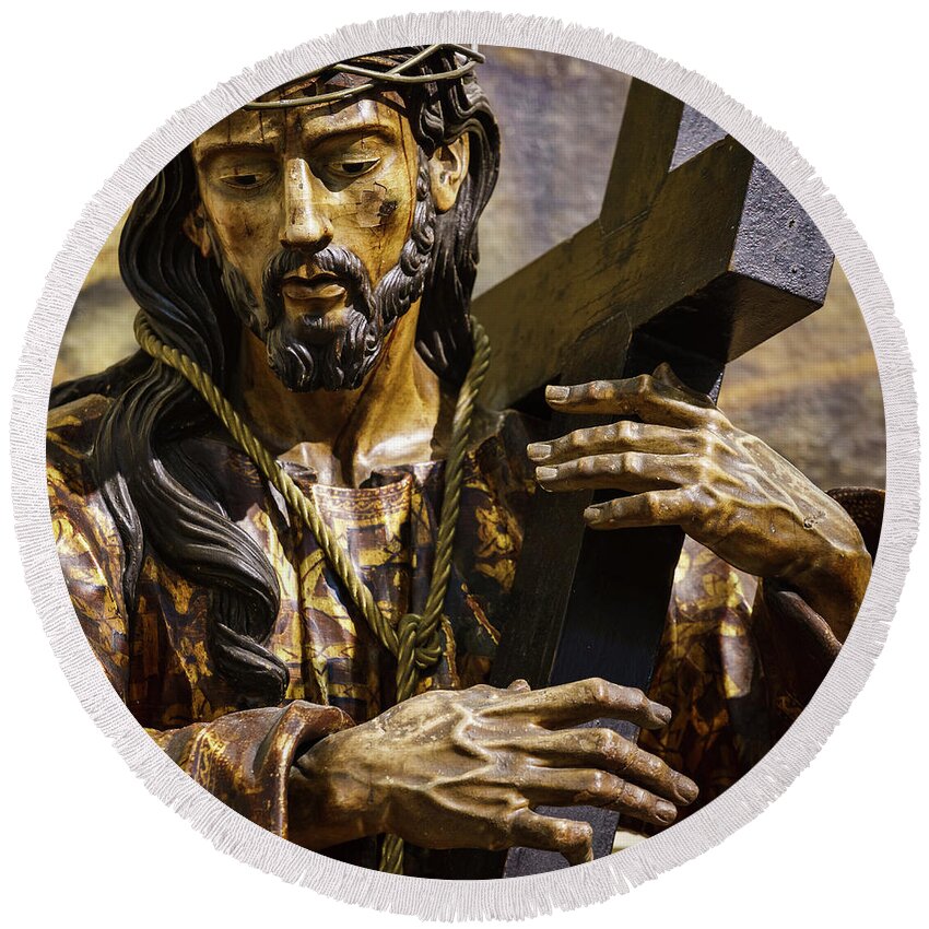 Andalucia Round Beach Towel featuring the photograph Jesus Carrying Cross Cathedral Cadiz Spain by Pablo Avanzini