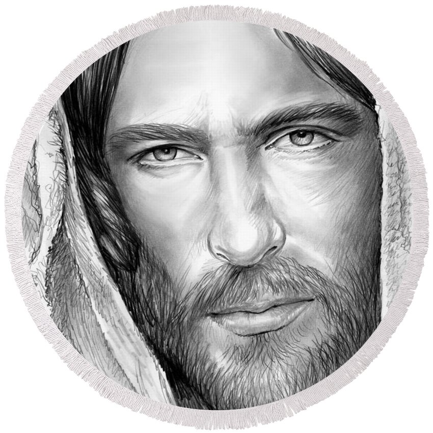 Jesus Round Beach Towel featuring the drawing Jesus Face by Greg Joens