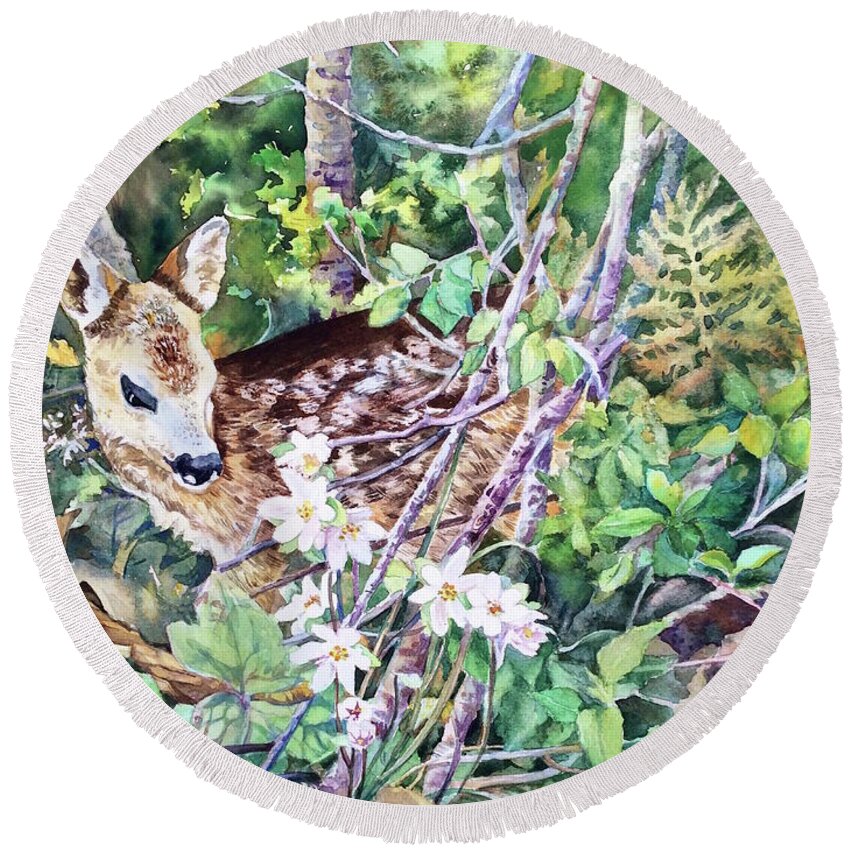 Watercolor Round Beach Towel featuring the painting Fawn in The Garden by Francoise Chauray