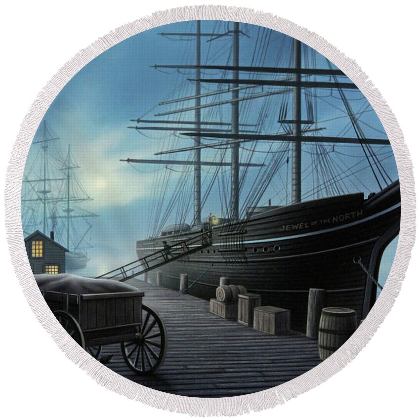 Ship Round Beach Towel featuring the painting Jewel of the North by Jerry LoFaro