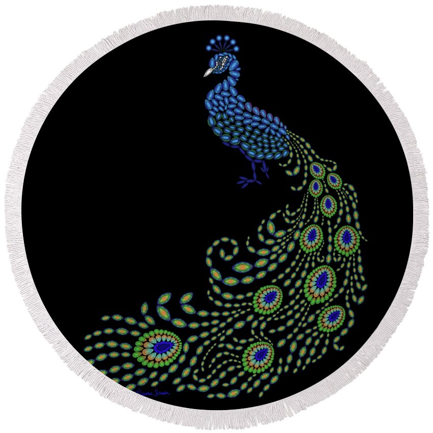 Digital Round Beach Towel featuring the digital art Jeweled Peacock by Heather Schaefer