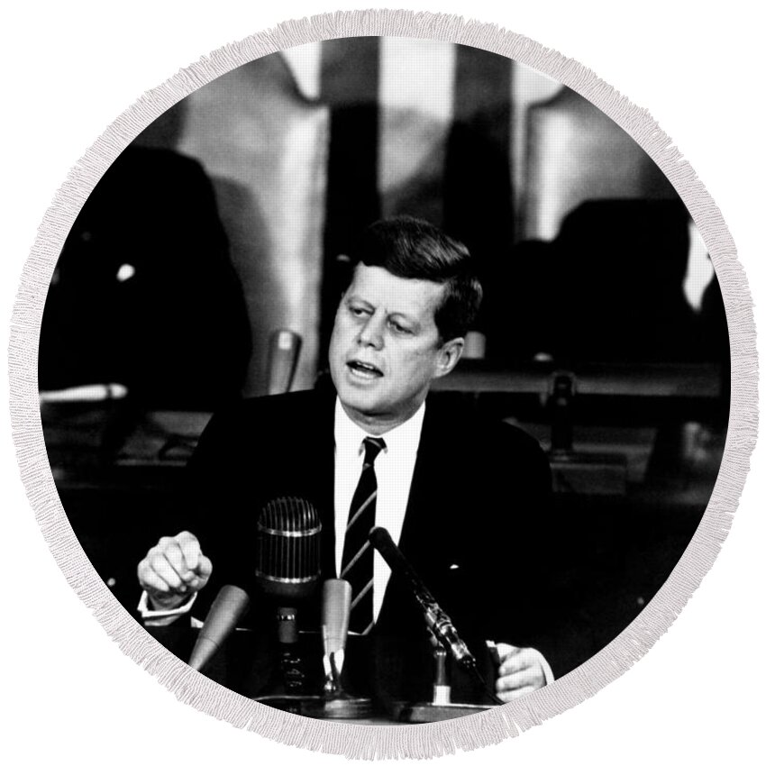 Jfk Round Beach Towel featuring the photograph JFK Announces Moon Landing Mission by War Is Hell Store