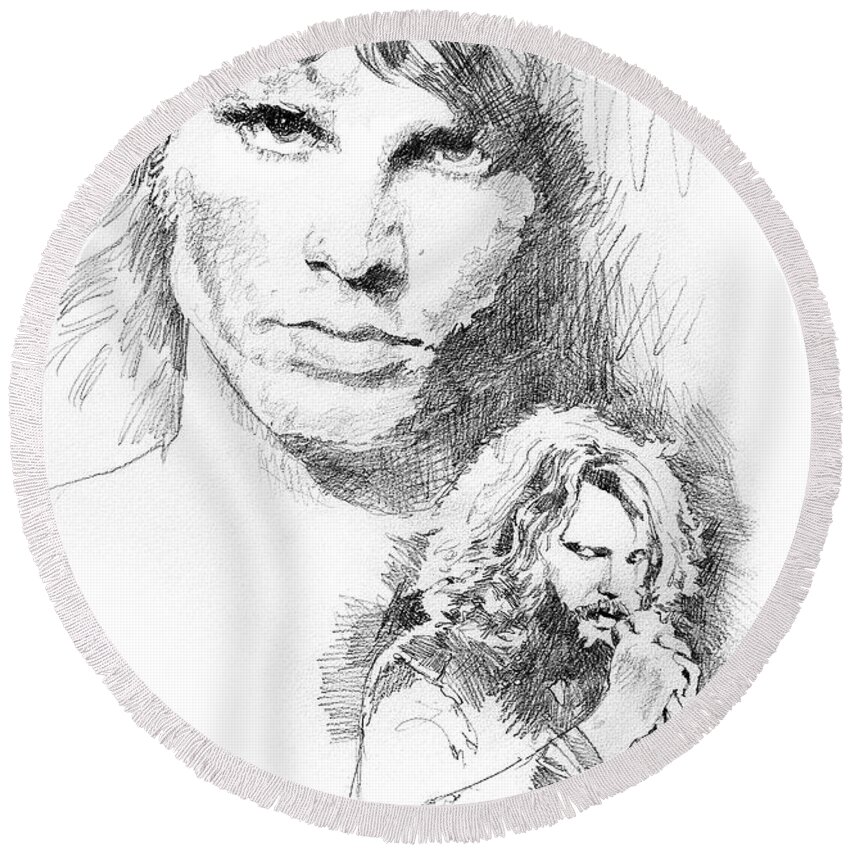 Pencil Round Beach Towel featuring the drawing Jim Morrison Faces by David Lloyd Glover