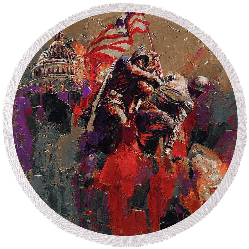 Color On A Grey Day Round Beach Towel featuring the painting Jima Memorial Washington DC by Gull G
