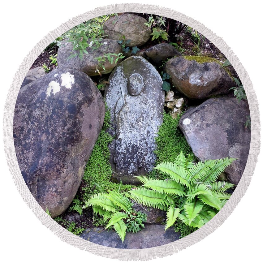 Picture Round Beach Towel featuring the photograph Jizo Buddha Among the Ferns by Laura Iverson