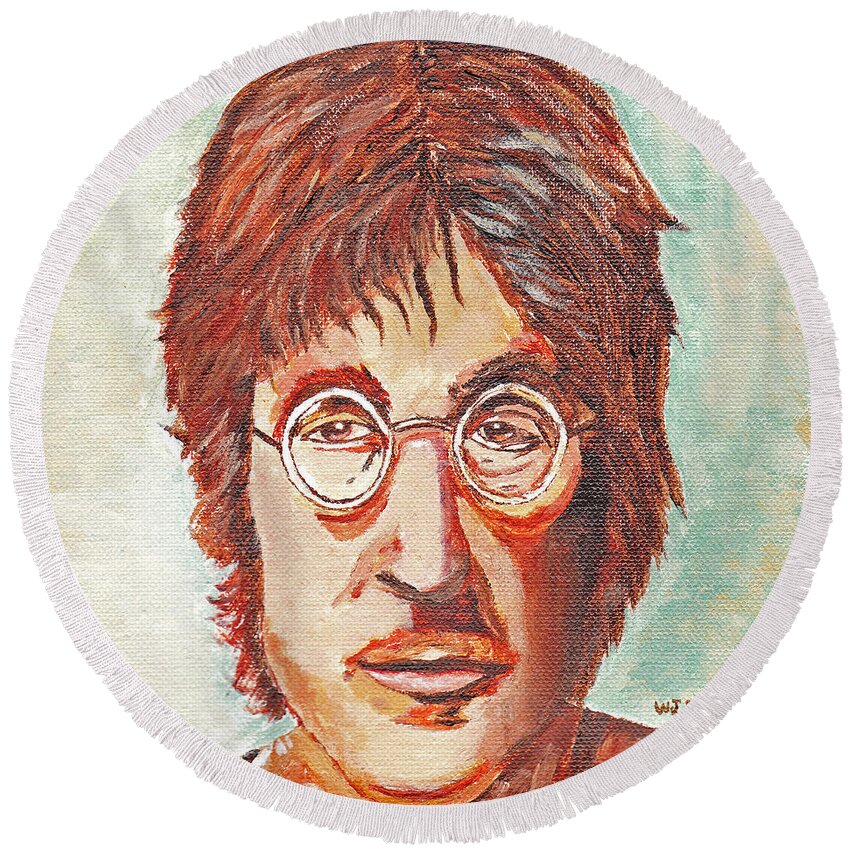 Original Acrylic Portrait Of John Lennon Round Beach Towel featuring the painting John Lennon portrait by William Bowers