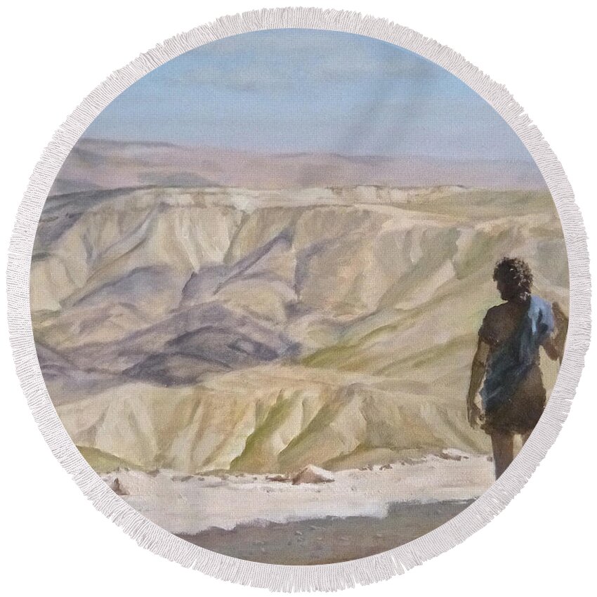 John The Baptist Round Beach Towel featuring the painting John the Baptist in the Desert by Ellen Paull