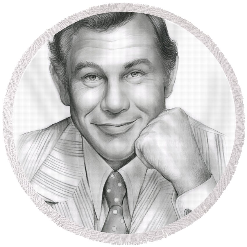 Johnny Carson Round Beach Towel featuring the drawing Johnny Carson by Greg Joens