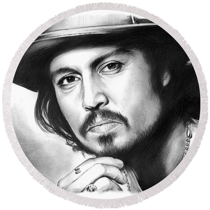 Johnny Depp Round Beach Towel featuring the drawing Johnny Depp by Greg Joens