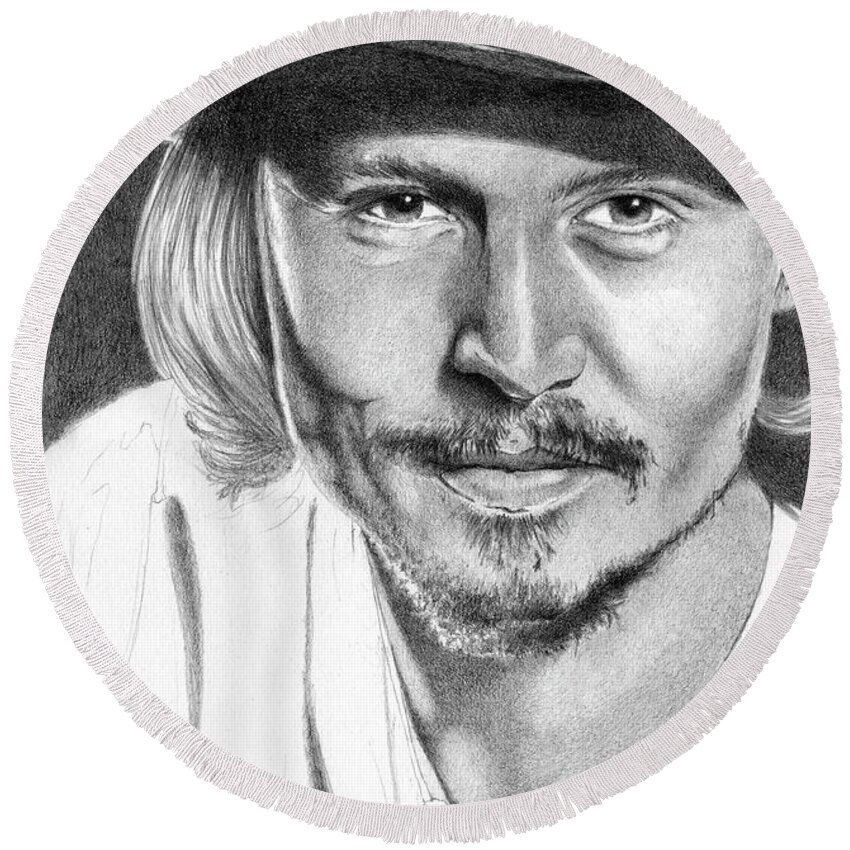 Johnny Depp Round Beach Towel featuring the drawing Johnny Depp by Louise Howarth