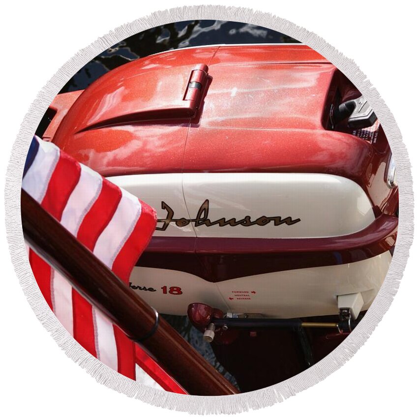 Outboard Round Beach Towel featuring the photograph Johnson 18hp by Neil Zimmerman