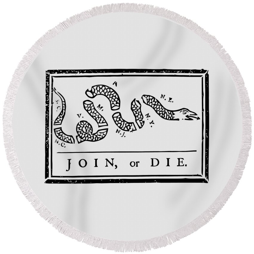 Join Or Die Round Beach Towel featuring the mixed media Join or Die by War Is Hell Store