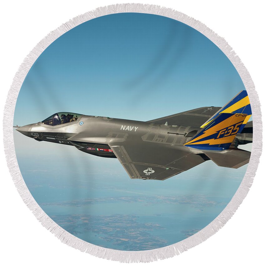 The U.s. Navy Variant Of The F-35 Joint Strike Fighter Round Beach Towel featuring the painting Joint Strike Fighter by MotionAge Designs