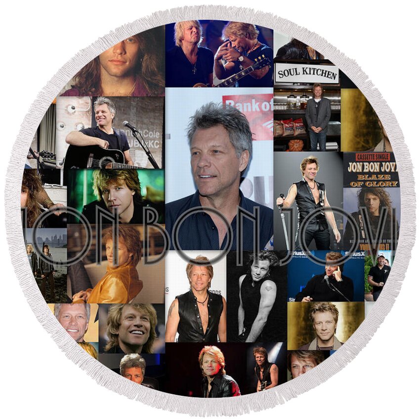 Jon Bon Jovi Round Beach Towel featuring the mixed media Jon Bon Jovi Collage by April Cook