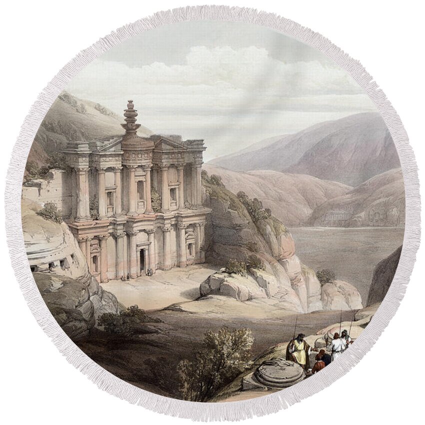 1839 Round Beach Towel featuring the drawing Jordan, Petra, 1839. by Louis Haghe
