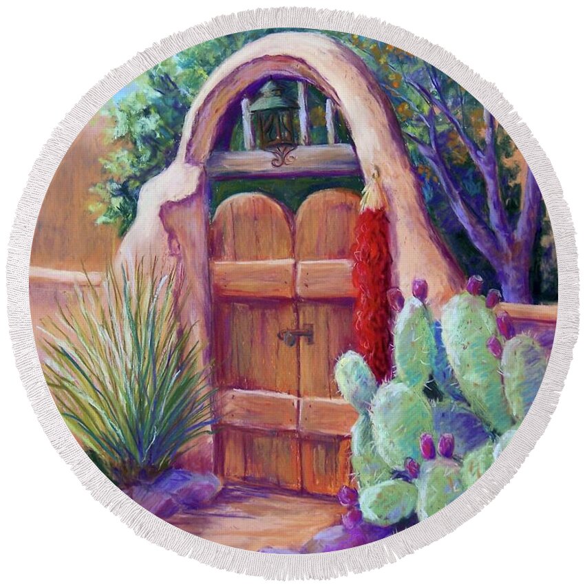 New Mexico Landscapes Round Beach Towel featuring the pastel Josefina's Gate by Candy Mayer