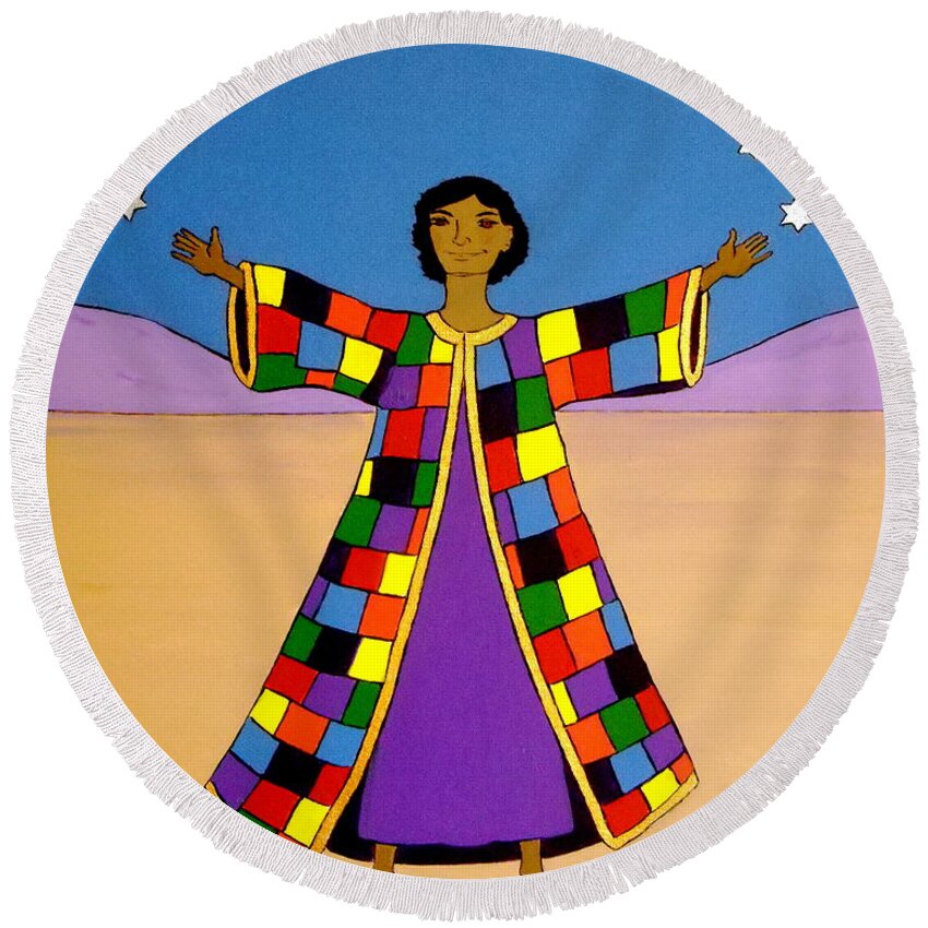 Joseph Round Beach Towel featuring the painting Joseph and his Coat of Many Colours by Stephanie Moore