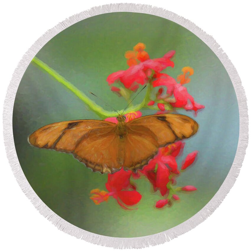 Butterfly Round Beach Towel featuring the photograph Julia Heliconian Butterfly Photo Painting by Artful Imagery