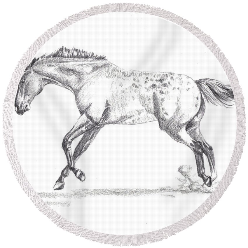 Equine Round Beach Towel featuring the drawing Jumping Around by Kate Black