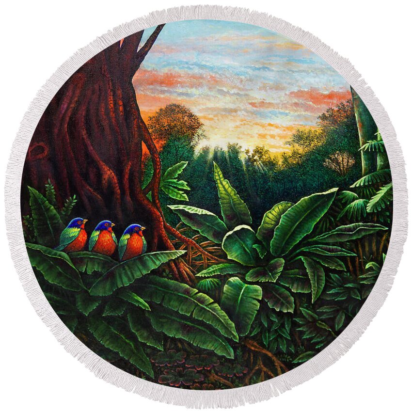Birds Round Beach Towel featuring the painting Jungle Harmony 3 by Michael Frank