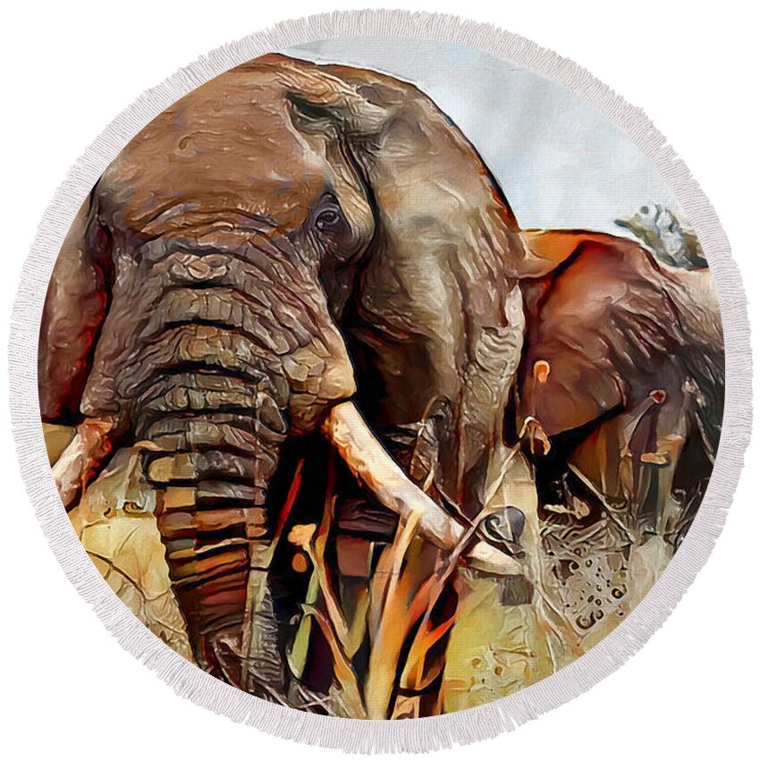 Elephants Round Beach Towel featuring the digital art Jungle Patrol by Pennie McCracken