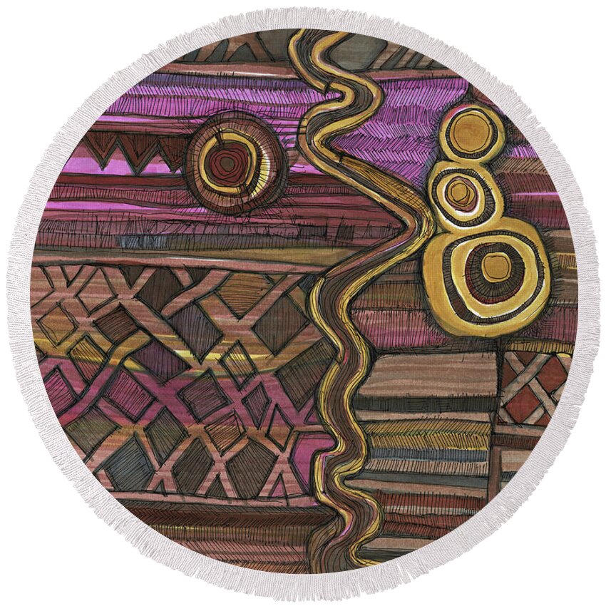 Abstract Round Beach Towel featuring the drawing Junk Yard Fence by Sandra Church