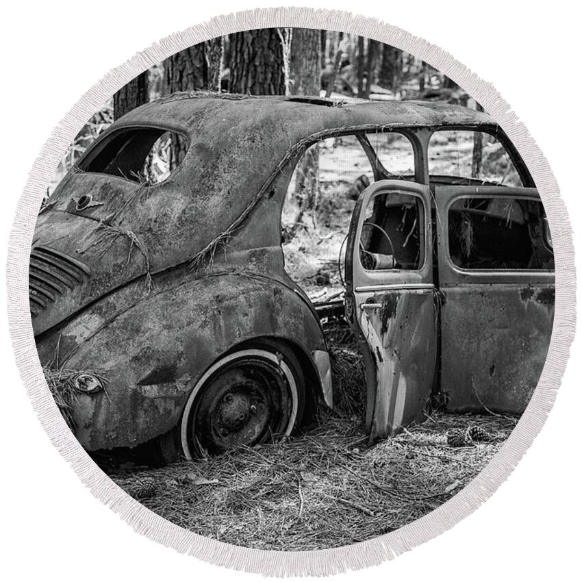 Junk Cars Round Beach Towel featuring the photograph Junked Cars by Matthew Pace