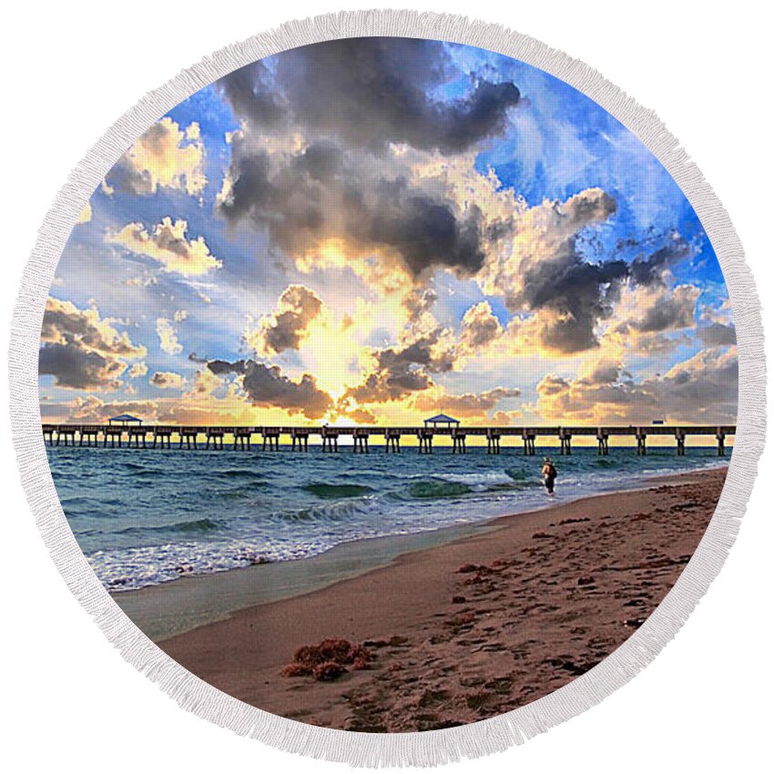 Beach Round Beach Towel featuring the photograph Juno Beach Pier Florida Sunrise Seascape D7 by Ricardos Creations