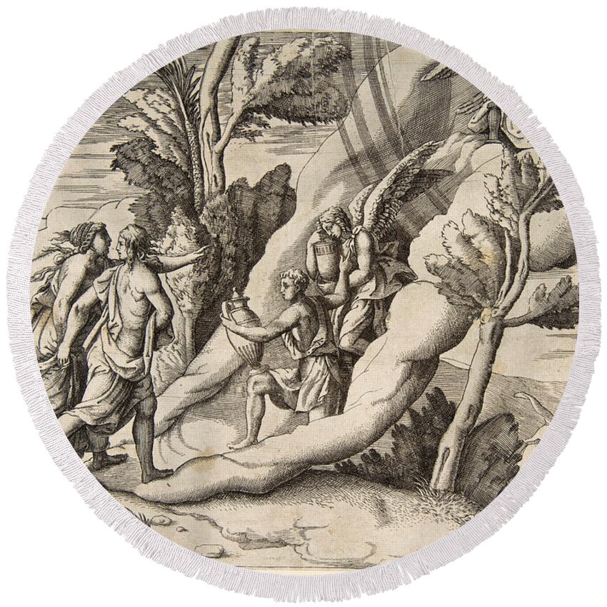 Giulio Bonasone Round Beach Towel featuring the drawing Jupiter and Juno being received in the heavens by Ganymede and Hebe by Giulio Bonasone