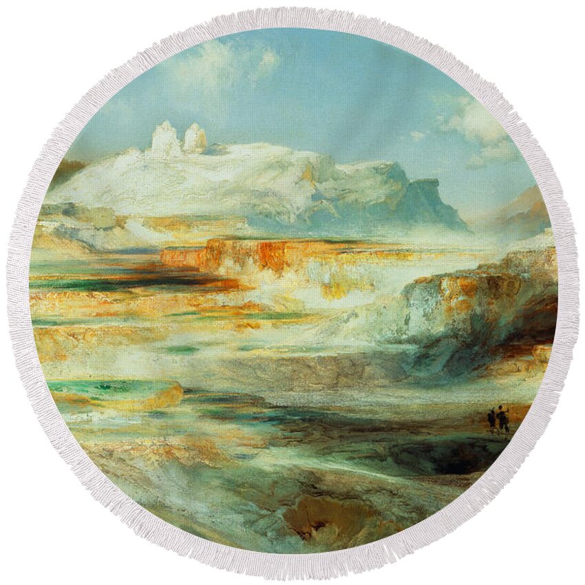 Moran Round Beach Towel featuring the painting Jupiter Terrace Yellowstone by Thomas Moran