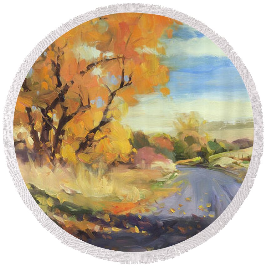 Country Round Beach Towel featuring the painting Just Around the Corner by Steve Henderson
