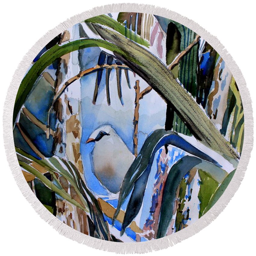 Bird Round Beach Towel featuring the painting Just Being by Mindy Newman
