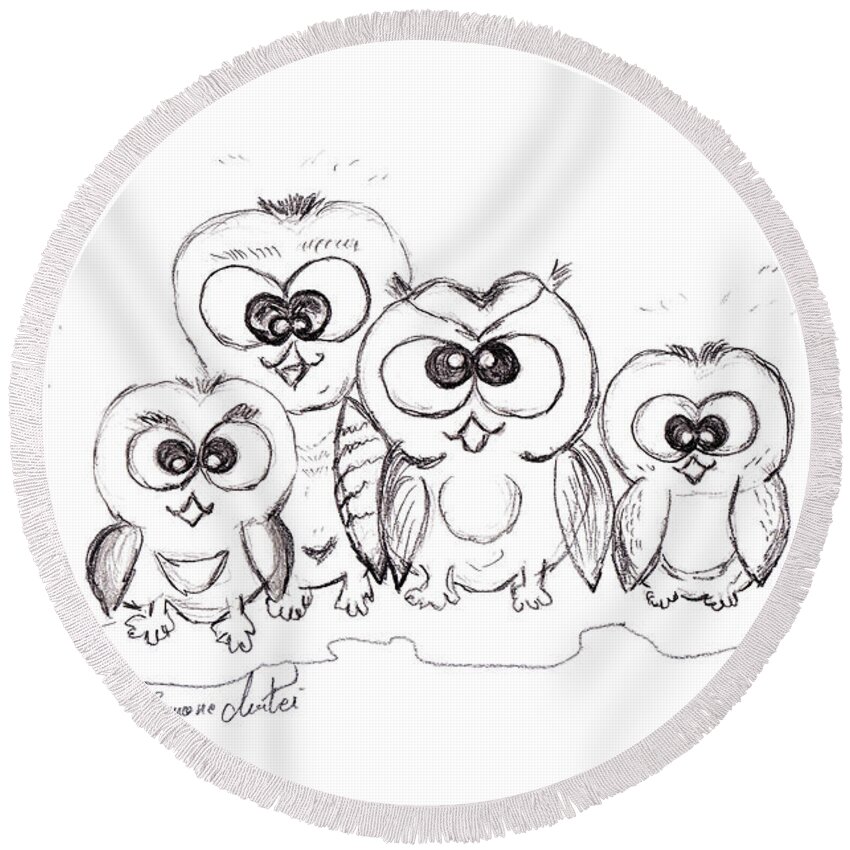For Children Round Beach Towel featuring the drawing Just The Four of Us by Ramona Matei