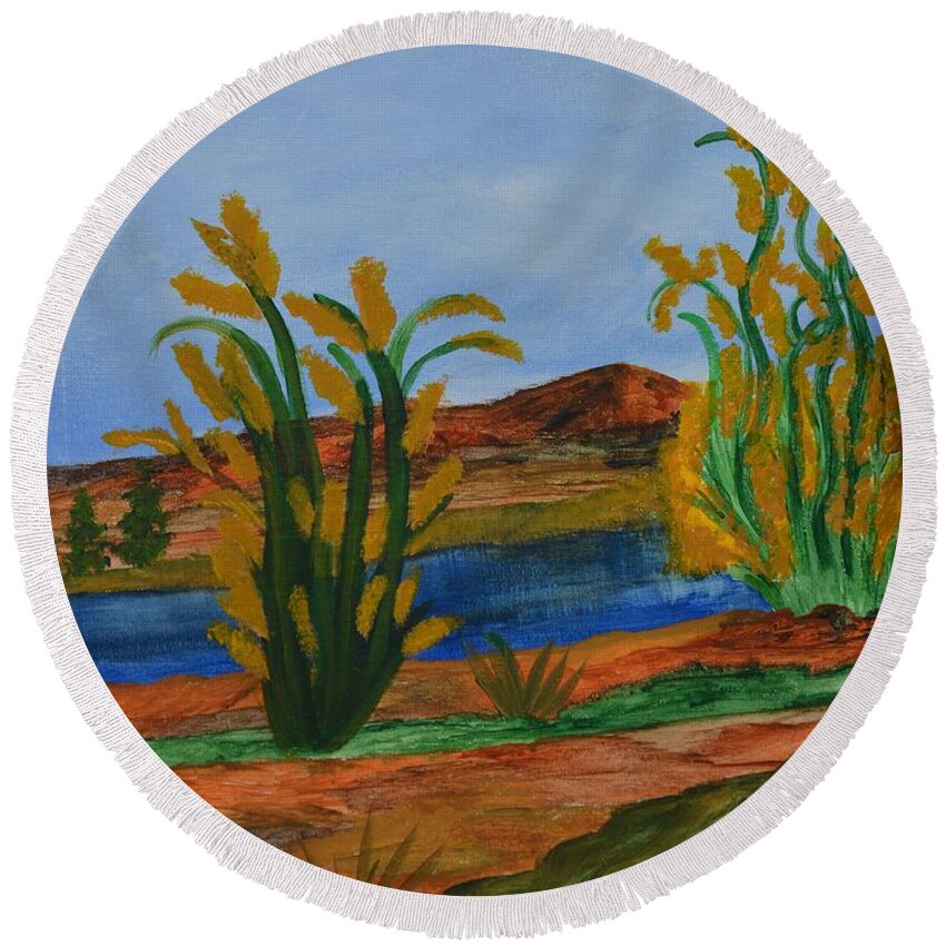 Just This Side Of The River Round Beach Towel featuring the painting Just This Side of the River by Maria Urso