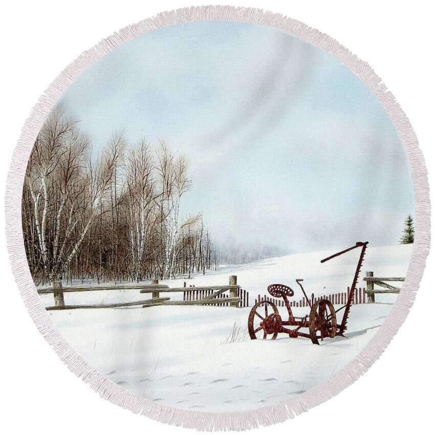 Landscape Round Beach Towel featuring the painting Just waiting for Spring by Conrad Mieschke