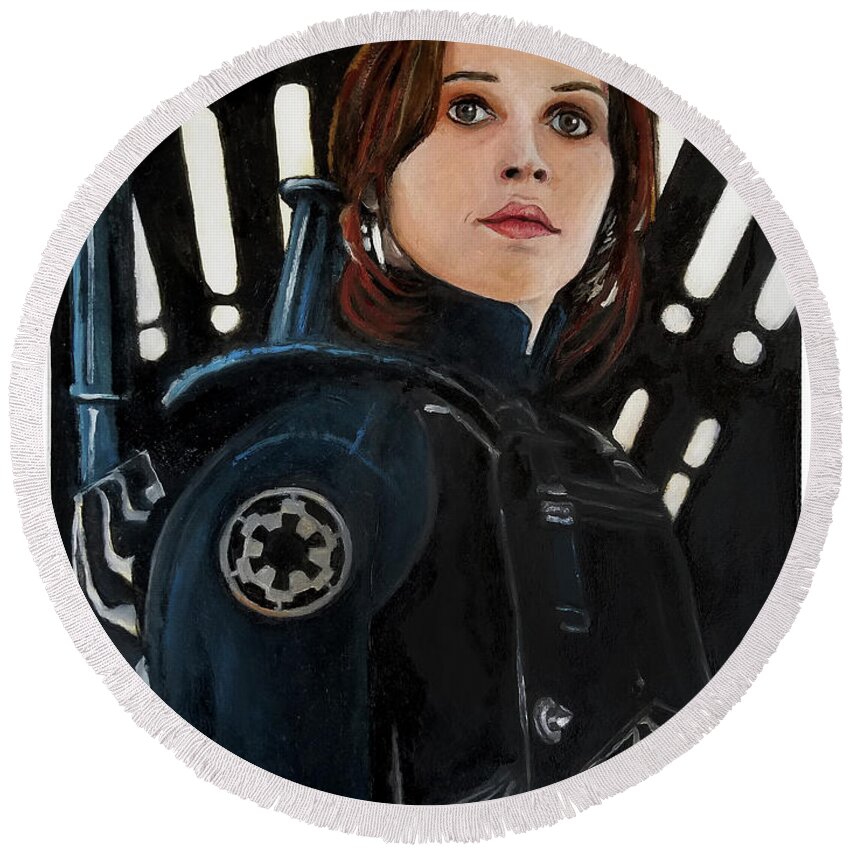 Rogue One Round Beach Towel featuring the painting Jyn Erso by Tom Carlton