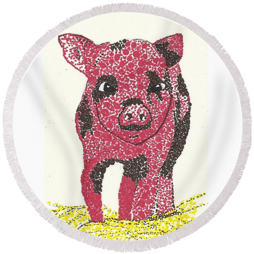 Pig Round Beach Towel featuring the drawing Kai by Ali Baucom
