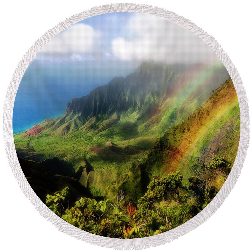 Lifeguard Round Beach Towel featuring the photograph Kalalau Valley Double Rainbows Kauai, Hawaii by Lawrence Knutsson