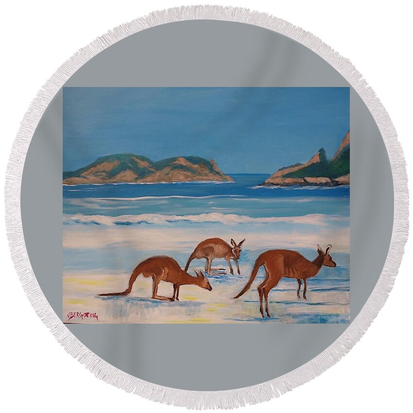 Kangaroos Round Beach Towel featuring the painting Kangaroos on the beach by Jean Pierre Bergoeing
