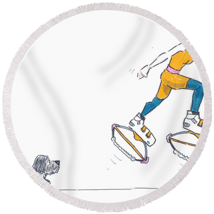 Kangoo Round Beach Towel featuring the drawing Kangoo Jumps Bouncy Shoes Walking the Dog Keep Fit cartoon by Mike Jory