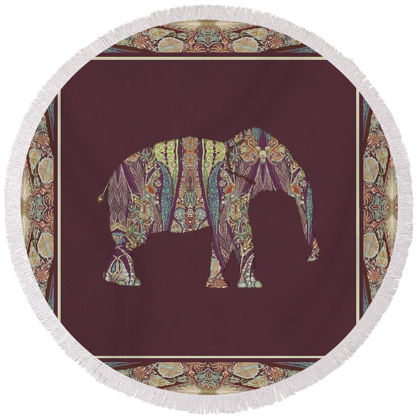 Purple Round Beach Towel featuring the painting Kashmir Patterned Elephant 2 - Boho Tribal Home Decor by Audrey Jeanne Roberts