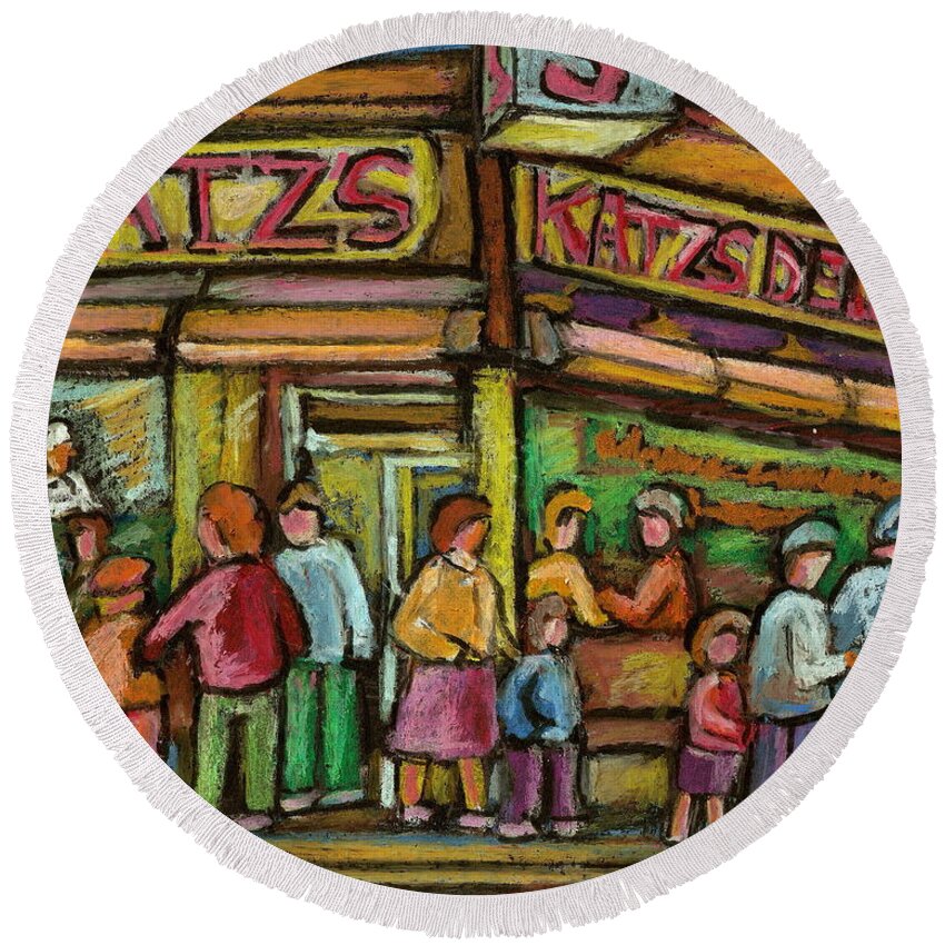 Katzs Delicatessen Round Beach Towel featuring the painting Katzs Delicatessan New York by Carole Spandau
