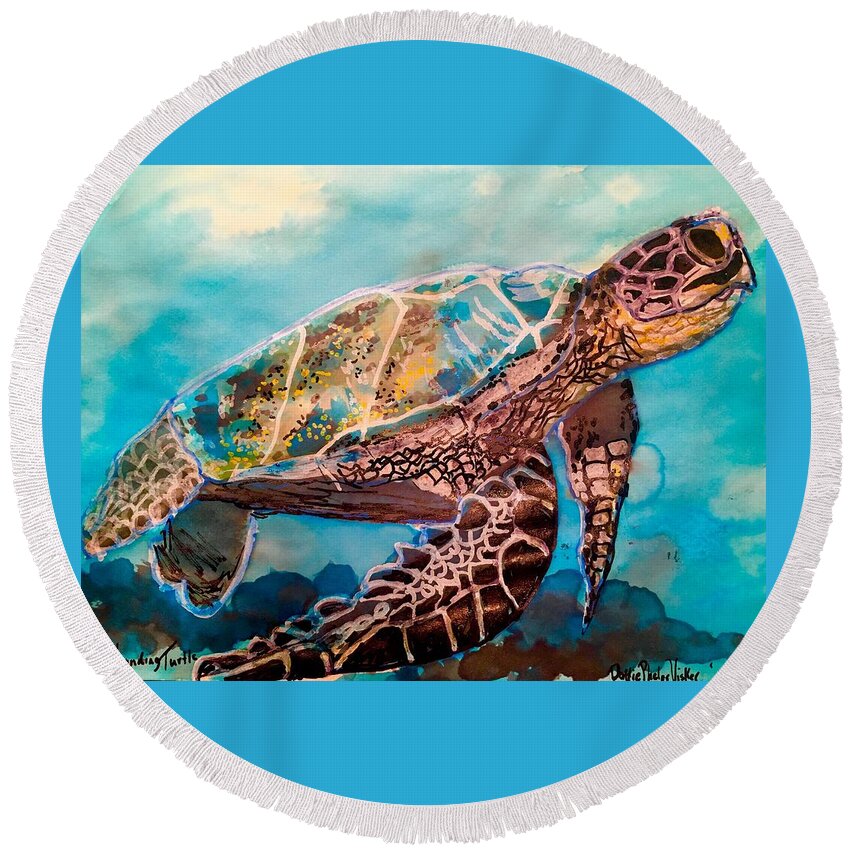 Sea Turtle Round Beach Towel featuring the painting Koloa Landing Turtle by Dottie Visker