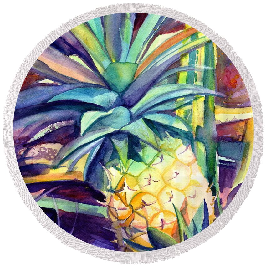 Pineapple Round Beach Towel featuring the painting Kauai Pineapple 4 by Marionette Taboniar