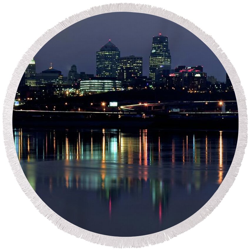 Kansas Round Beach Towel featuring the photograph Kaw Point Night Lights by Frozen in Time Fine Art Photography