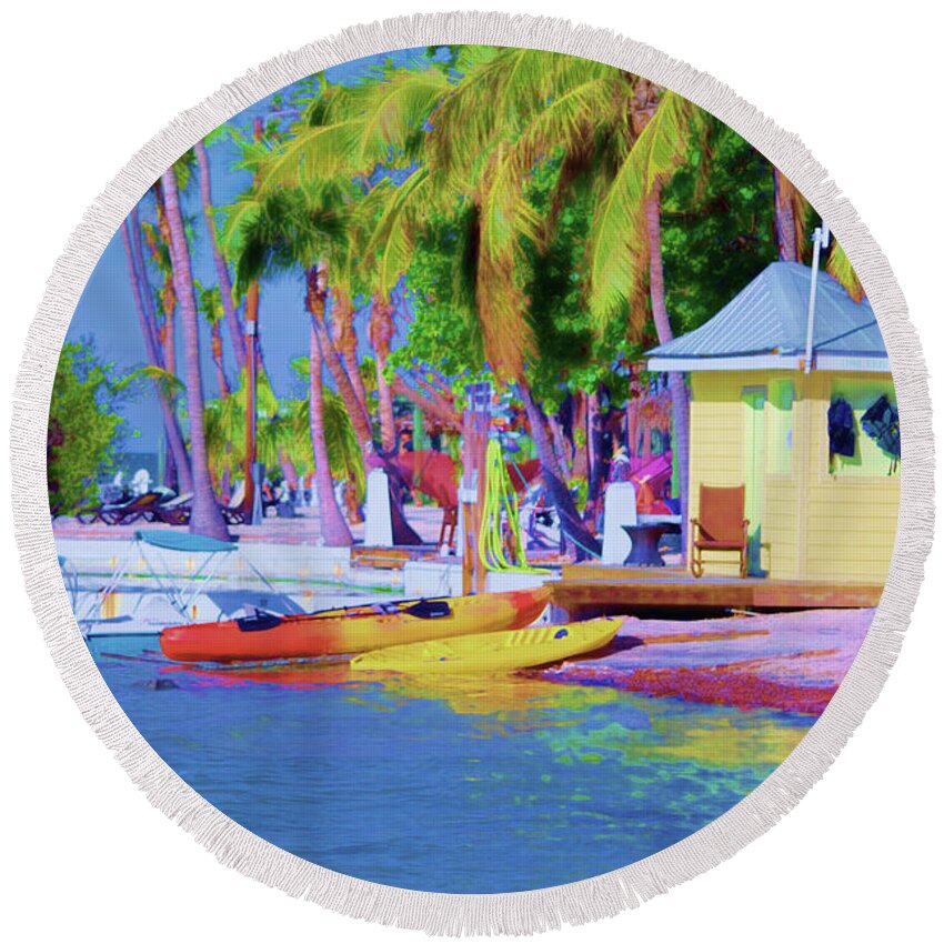 Keys Round Beach Towel featuring the mixed media Kayak Jet Ski Rentals Florida Keys Art by Ken Figurski