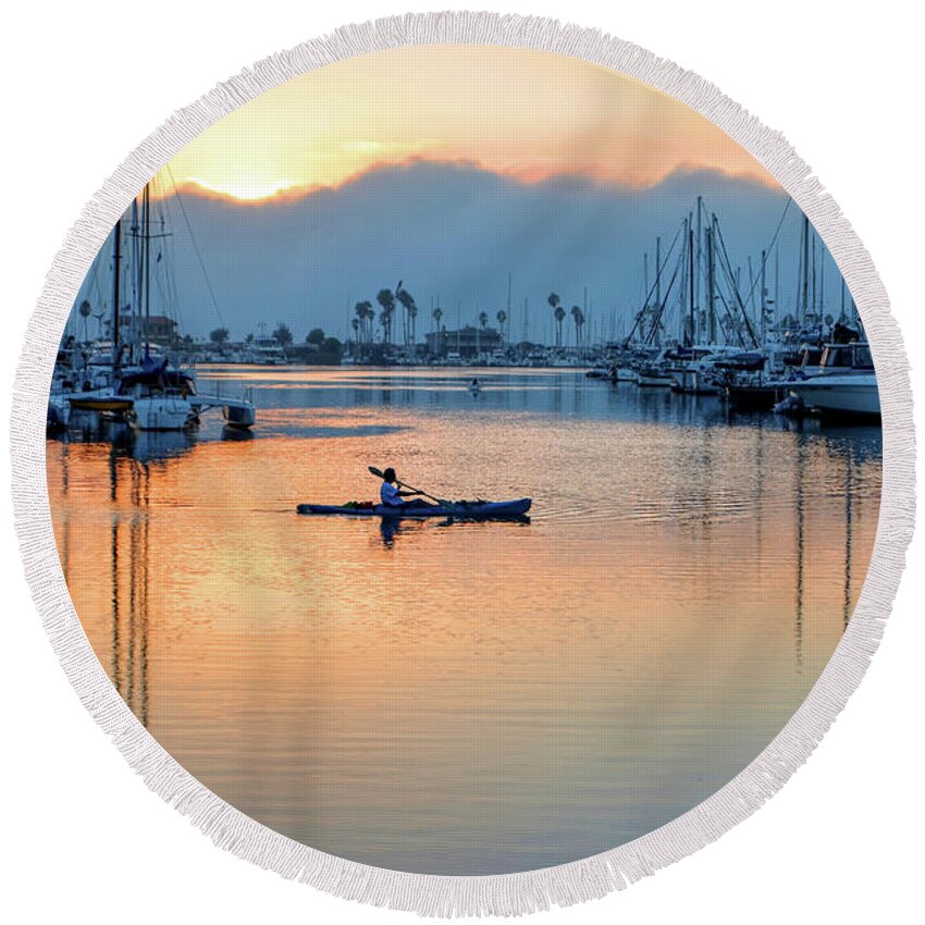 Kayak Sunset Water Boat Ventura Harbor Marina Round Beach Towel featuring the photograph Kayak sunset by Wendell Ward