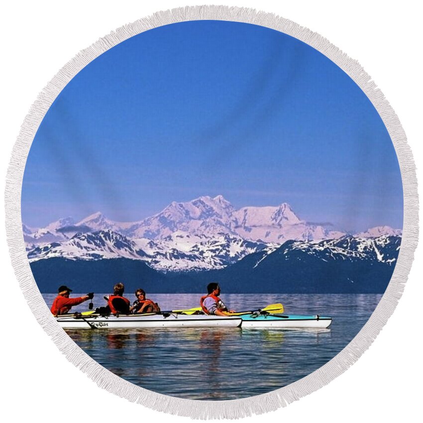 Kayaks Round Beach Towel featuring the photograph Kayakers in Alaska by Sally Weigand